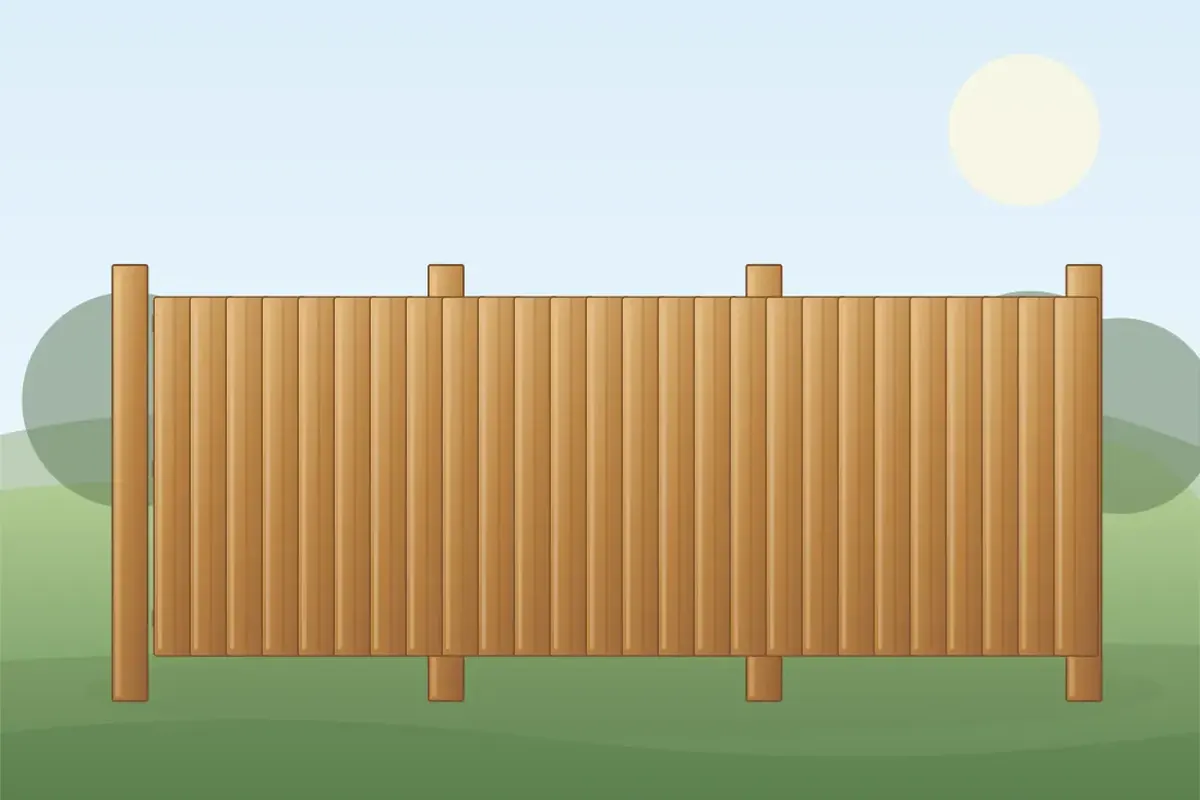 Illustration of overlapping closeboard timber fence boards and supporting posts for repair planning