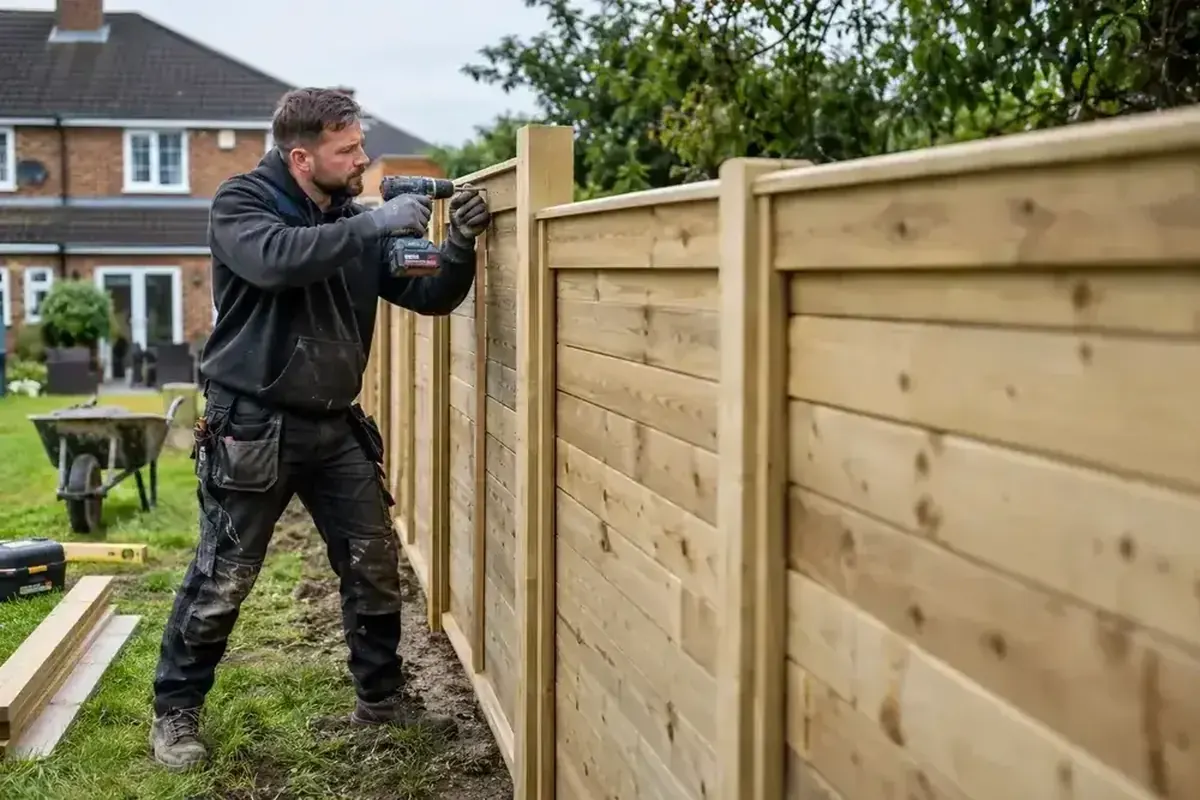 Fence installer fixing garden fence rails beside solid supporting posts