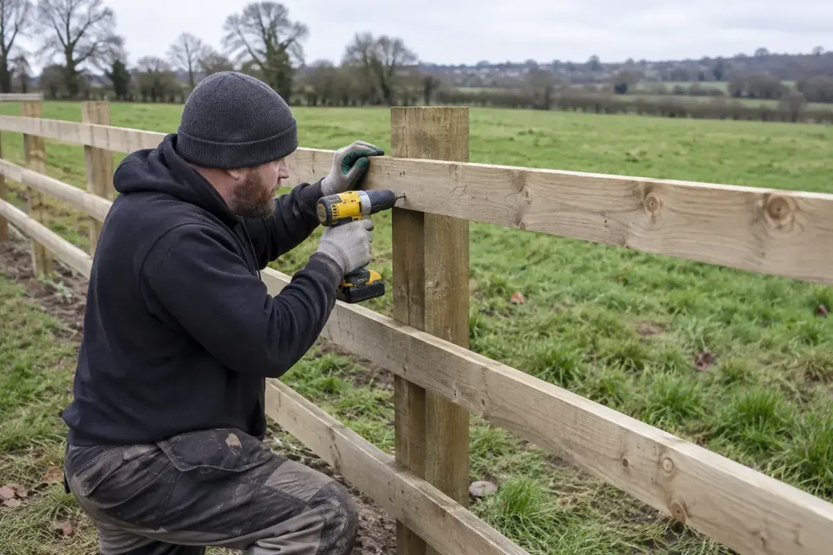 Installer repairing a timber post-and-rail boundary fence after damage