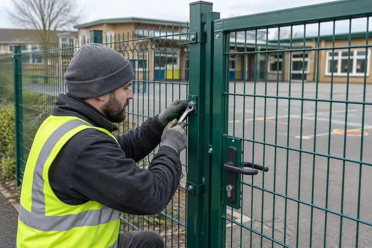 Fencing contractor inspecting and securing welded mesh fence sections and upright posts