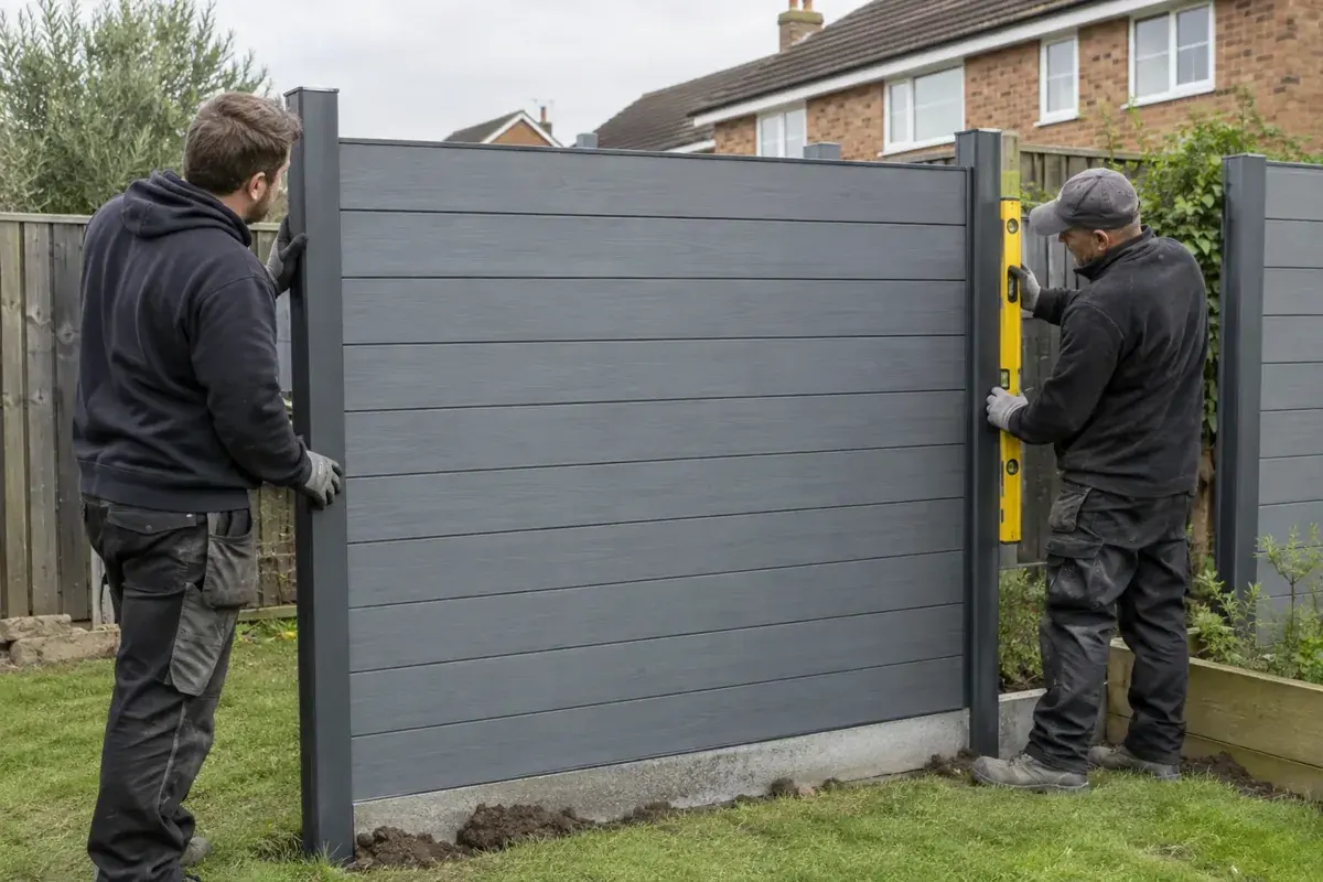 Garden fencing installers assessing the alignment of a damaged composite fence panel