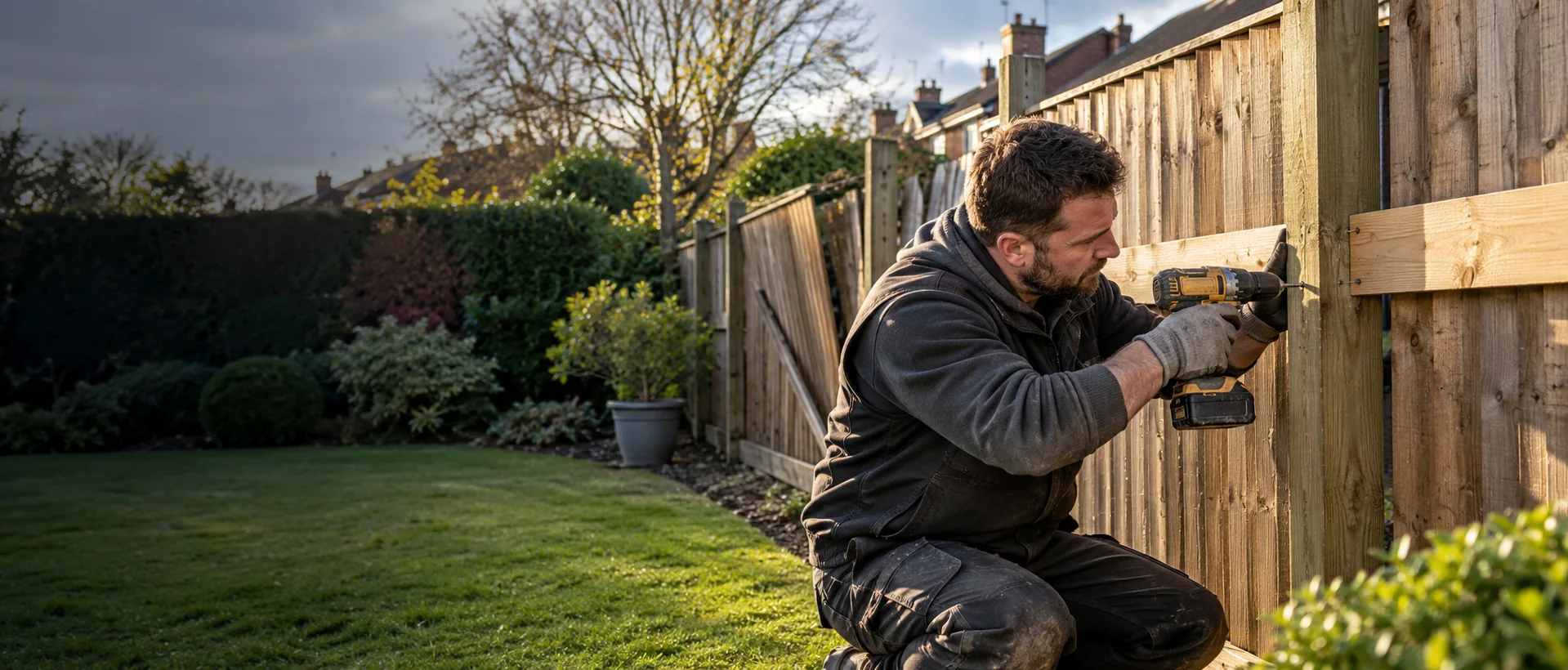 AI-generated illustrative image for fence repair showing the relevant work in a UK setting