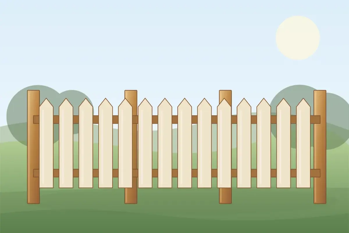 Picket fence with evenly spaced timber slats, rails and fence posts for picket repair